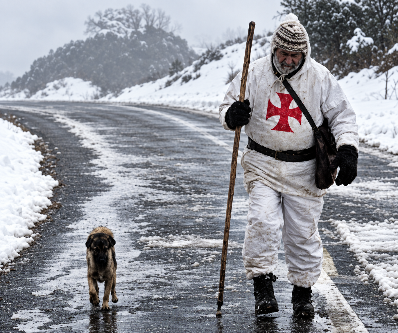 Imagen editorial de Tomás caminando por un sendero nevado junto a su perro